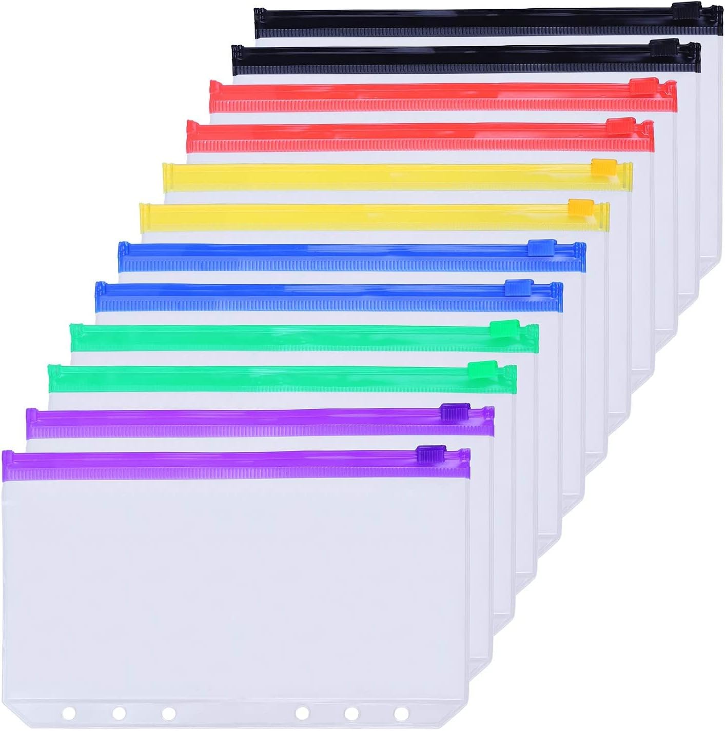 12PCS Binder Pockets A6 Size 6 Holes Zipper Binder Pouch Folders for 6-Ring Notebook Binder Loose Leaf Bags, Waterproof PVC Pouch Document Filing Bags, Multicolor