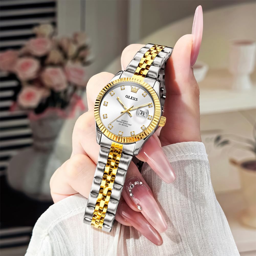 OLEVS Damen Armbanduhr Analog Quarz Wasserdicht Klassische Damenuhr Sliber Edelstahlarmband mit Datum Diamant Schlankes Design Geeignet für schmale Handgelenke