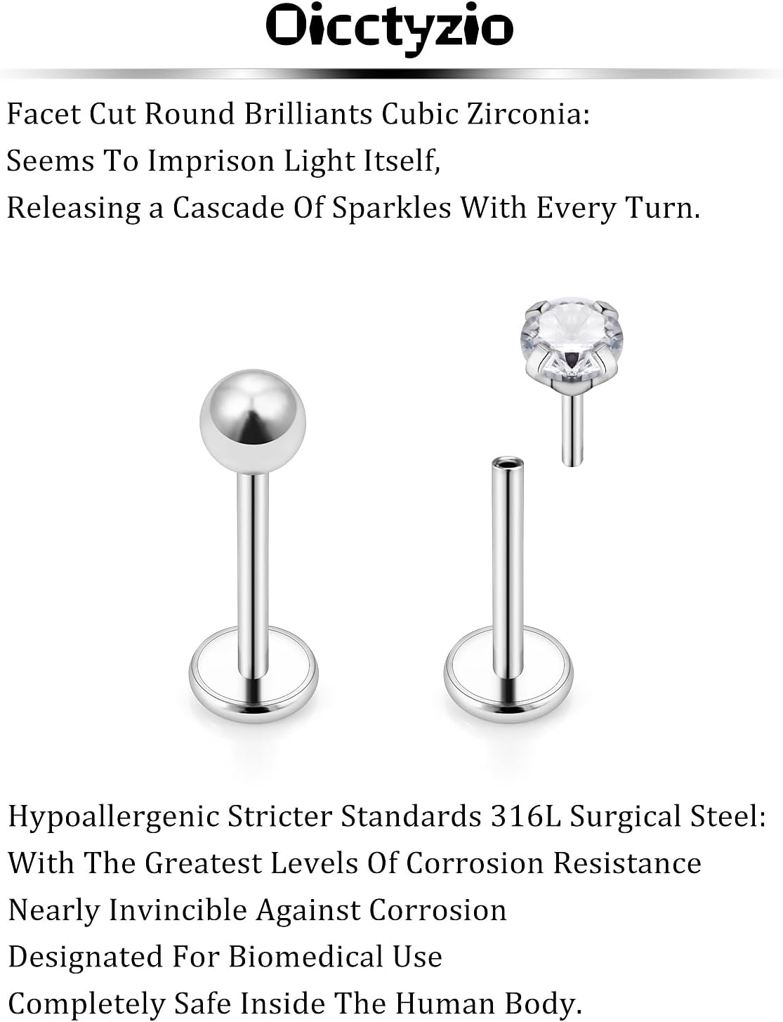 20/18/16g Threadless Noses Rings Flat Back Earrings Medusa Lip Labret Cartilage Helix Tragus Conch Hypoallergenic Surgical Steel Piercing Jewelry for Women Men - Image 4