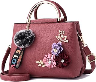 Dayfine Women Purse Top Handle Handbags PU Leather 3D Floral Inlay Satchel Bag Shoulder Crossbody Bags Ladise Medium Tote Bag with Hair Ball Pendant-Pink
