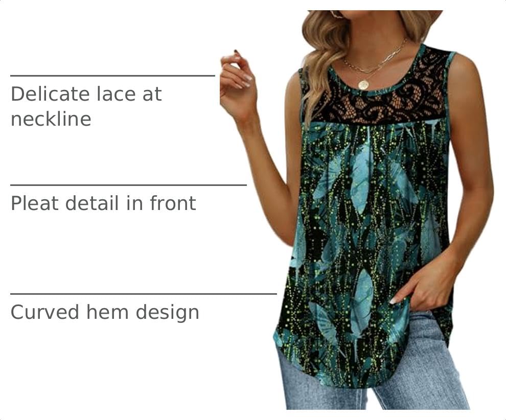 Image of Saloogoe Summer Tank Tops for Women Loose Fit Pleated Tunics Scoop Neck Sleeveless Lace Tops Curved Hem Flowy