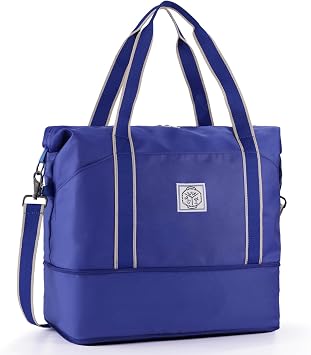 WALNEW Travel Duffel Bag, Weekender Overnight Carry On Bag for Women Men, Foldable Waterproof Gym Luggage Duffle Bag with Metal Buckle Detachable Shoulder Strap and Wet Compartment Klein Blue