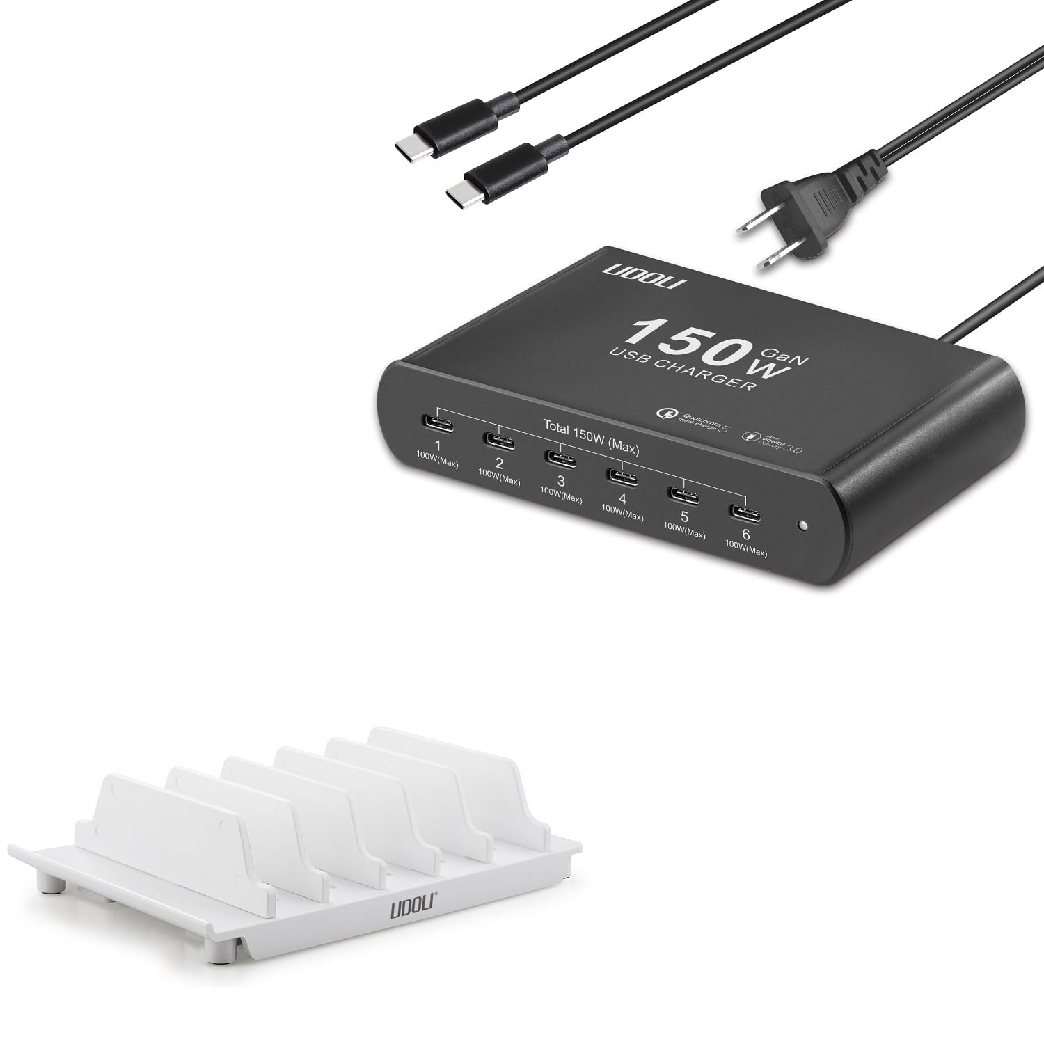 UDOLI 150W Charging Station for Multiple Devices, 6-Port GaN USB (100W Max) PD Fast Charger Block with Adjustable Dividers for iPhone 16 15 iPad Pro Tablets Laptop MacBook Pro Dell and More