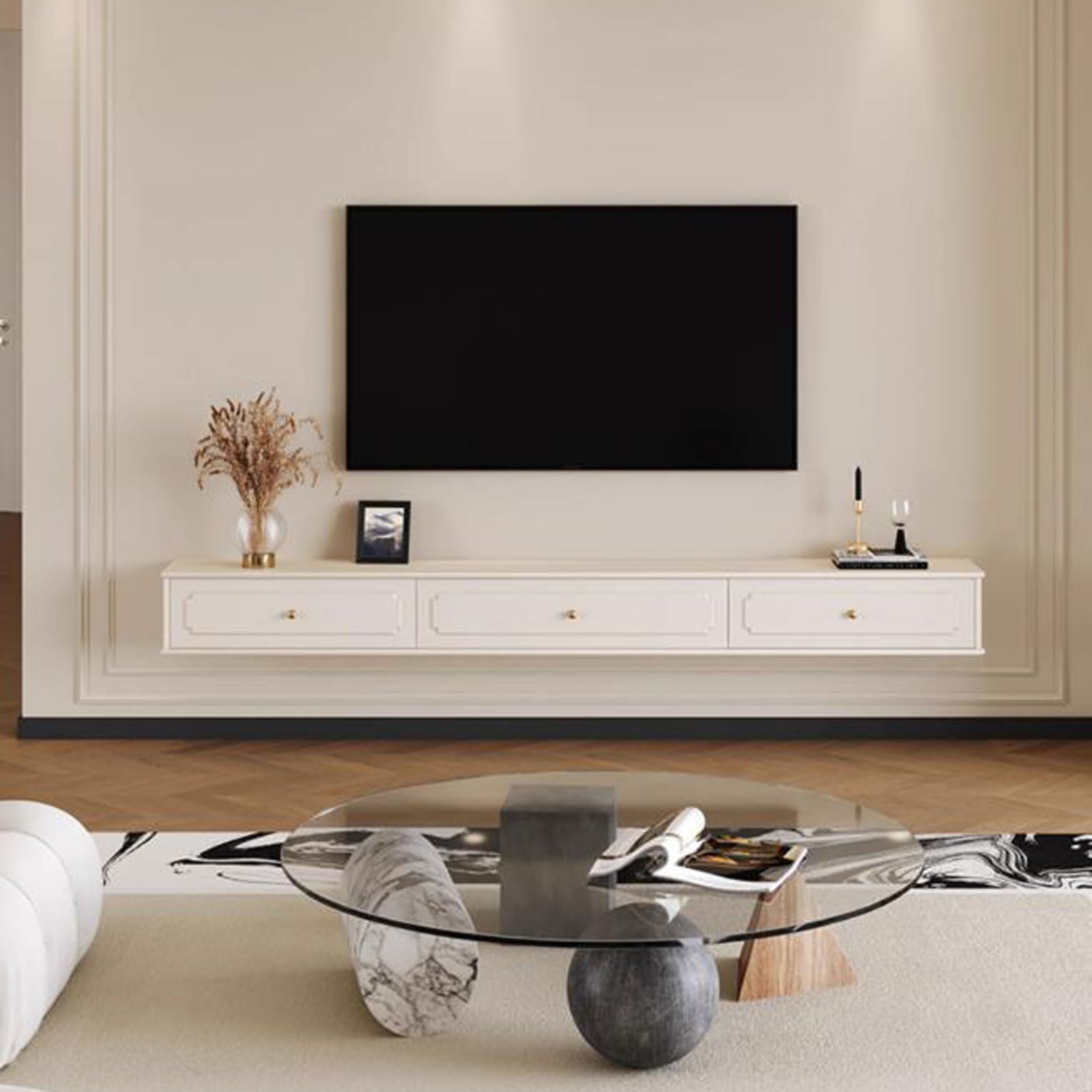 Mensola TV sospesa, Mobile TV da Parete con Lettore Dvd, ripiano portaoggetti e Supporto TV per Soggiorno e Camera da Letto.