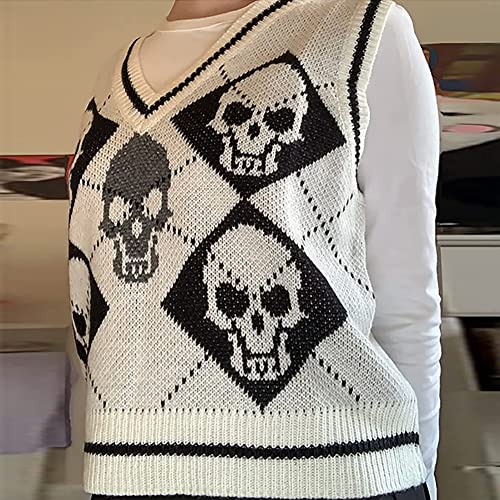 Image of jinghuiyue Women's Sleeveless Sweater Vest Halloween Skull Printed Knit Vest V Neck Crop Pullover Knitwear Tank Tops