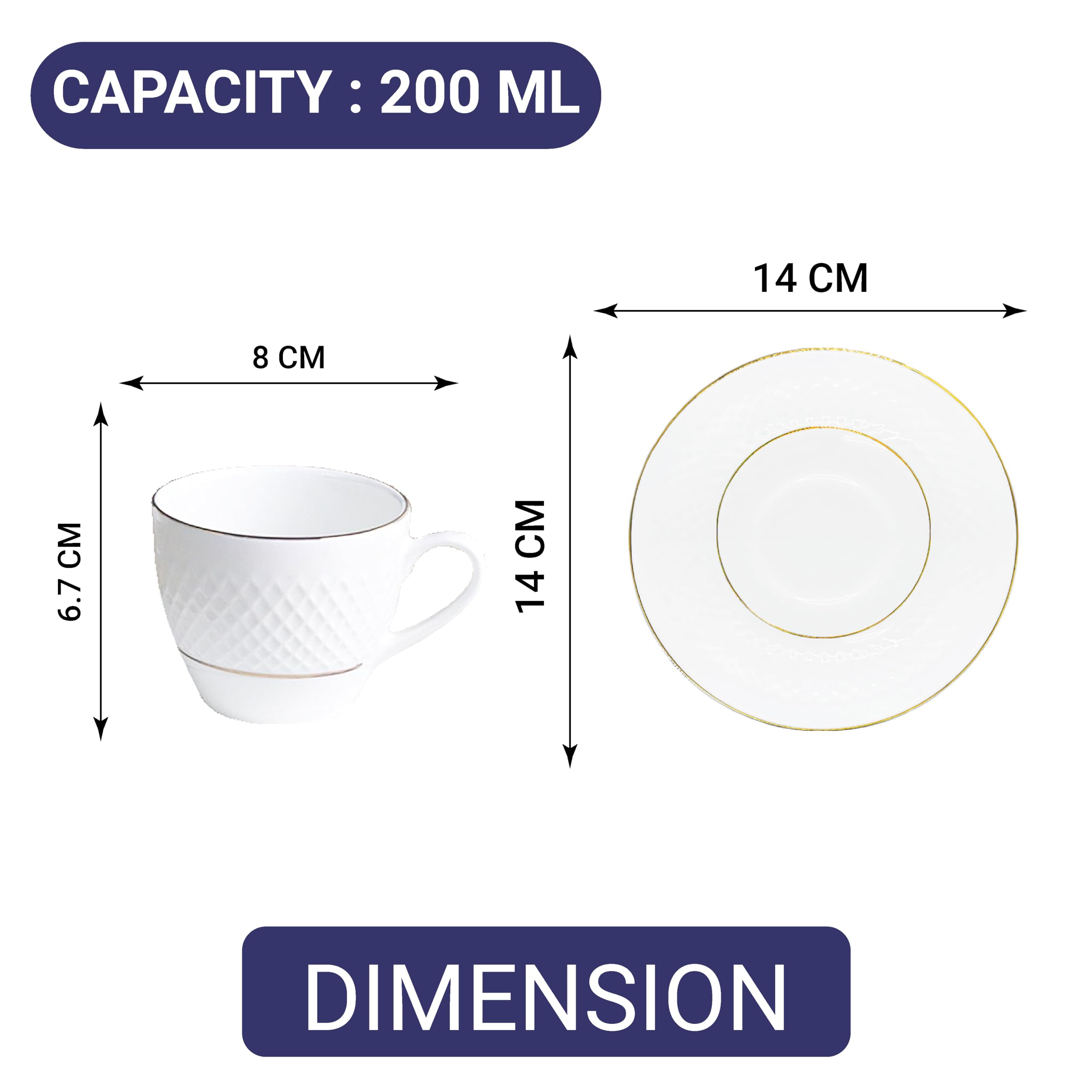 Femora Double Gold LineDiamond Cut White Ceramic Tea Cup with Saucer Set of 12 Pcs, 200 ml | Microwave & Dishwasher Safe | Bone-Ash Free | Crockery Set Ideal for Daily Use & Gifting, White 2