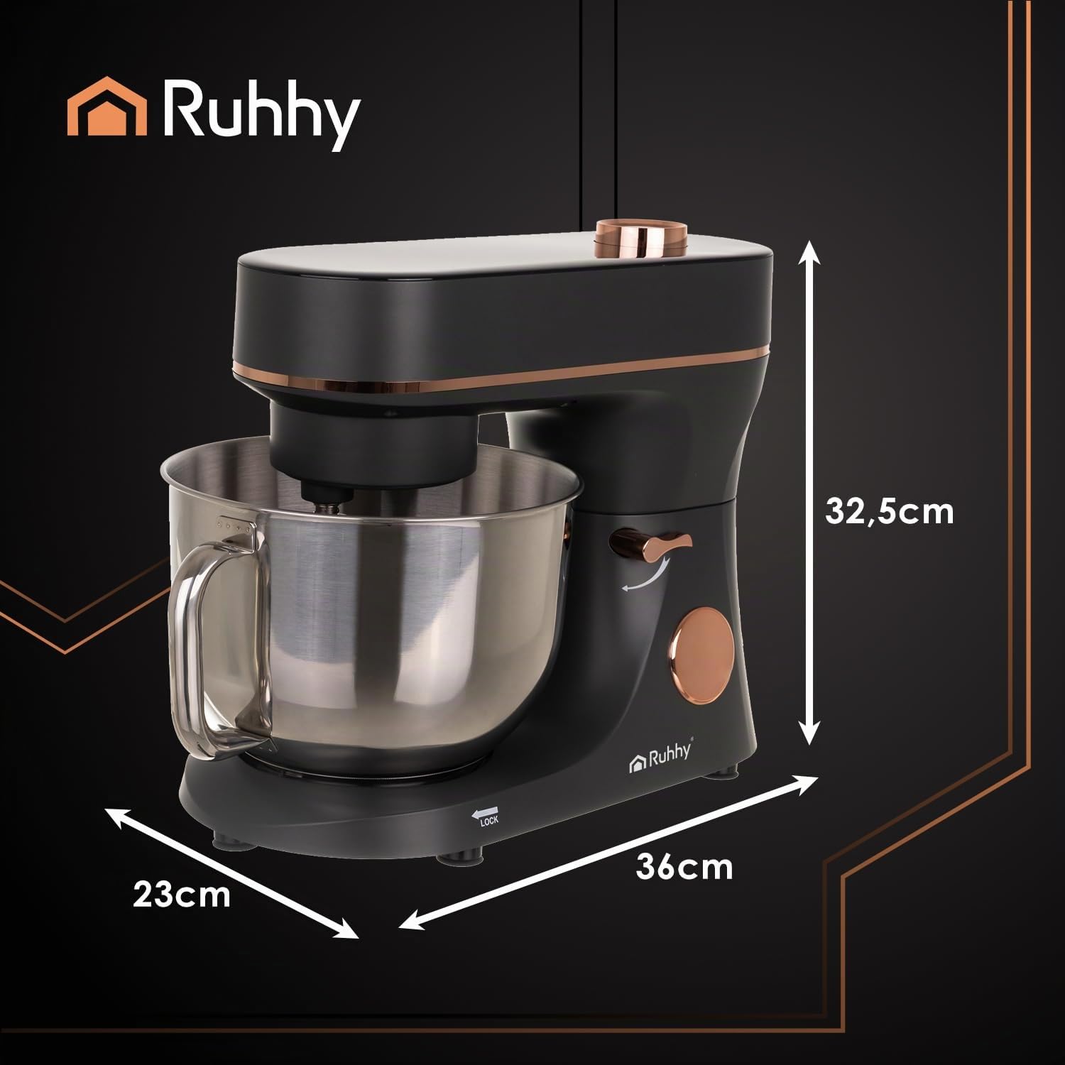 Robot de cocina con tazón de mezcla calefactable de 6,2 l – Batidora planetaria RUHHY 2000 W 11 velocidades y pantalla táctil – Amasadora de masa para pan, pizza, pasteles y pasteles (negro y dorado)