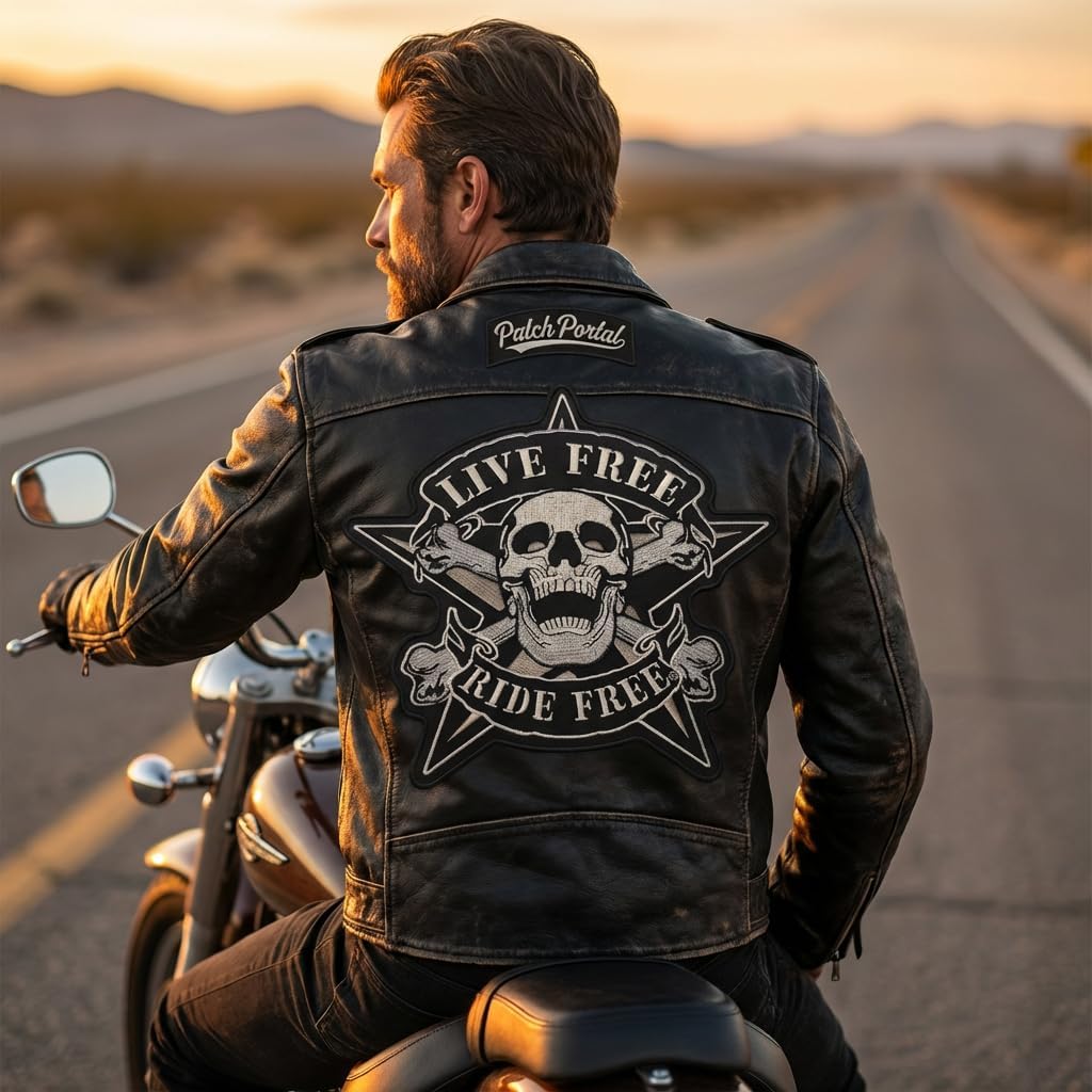 Large Biker Patch Live Free Ride Free, 8x9 Inch Embroidered Iron On Applique for Vest Jacket Back, Motorcycle MC Club Rocker