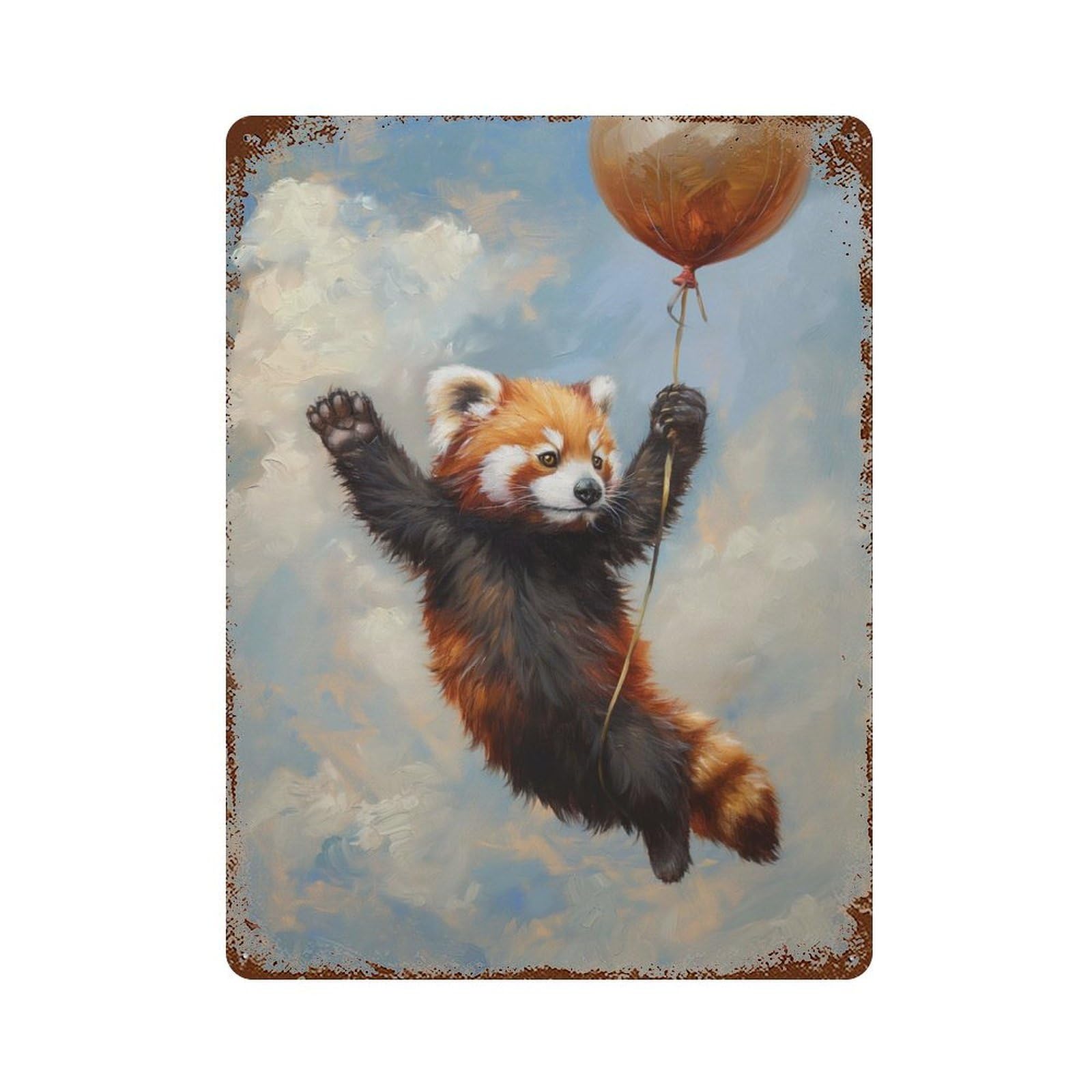 Rustic Tin Plaque Red Panda Balloon Flying 15.7"x11.8", Retro Wall Decor for Shed, Workshop And Garage Wall Decor