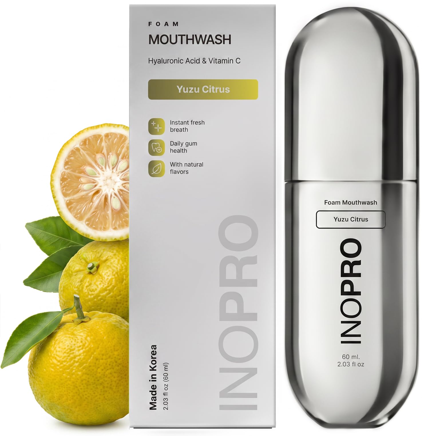 INOPRO Foam Mouthwash with Nano-Hydroxyapatite, Xylitol, Hyaluronic Acid, Vinamin C, Alcohol Free, Fluoride Free Oral Rinse Portable Travel Size - Yuzu Citrus, 2.03 fl oz