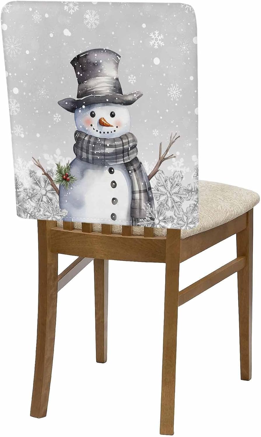 Grey Snowman Christmas Chair Covers Set of 4 for Dining Room, Xmas Berry Chair Back Cover, Winter Snowflake Removable Kitchen Chair Slipcovers Seat Protector for Party Banquet Christmas Decorations