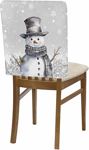 Miniatura 7 de Juego de 4 fundas para sillas de Navidad, diseño de muñeco de nieve gris, para comedor, diseño de bayas de Navidad, fundas extraíbles para sillas de