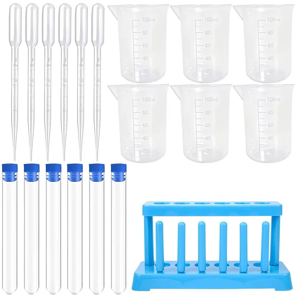 IJSDNVJNDX Laboratory Test Tube Rack Set Including 1 Test Tube Rack, 6 Test Tubes, 6 Plastic Measuring Cups and 6 Droppers Lab School Supplies