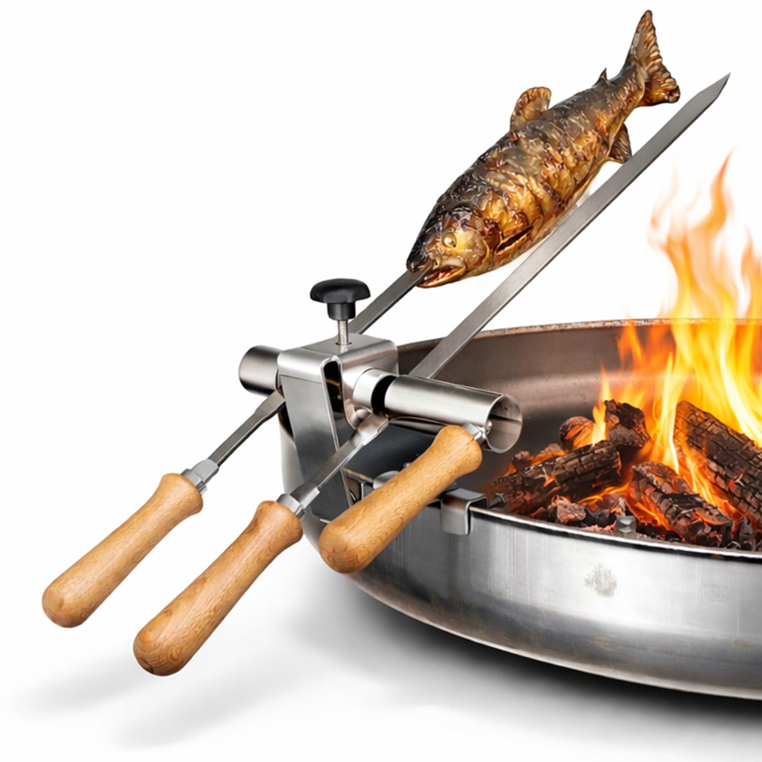Premium Steckerlfisch Halter für Feuerschale - Platz für 2 Fische - Fisch Grill Aufsatz passt auf jede Feuerschale - stufenlos verstellbar - Fischhalter 100% Edelstahl - Asado Grill für Feuerschale