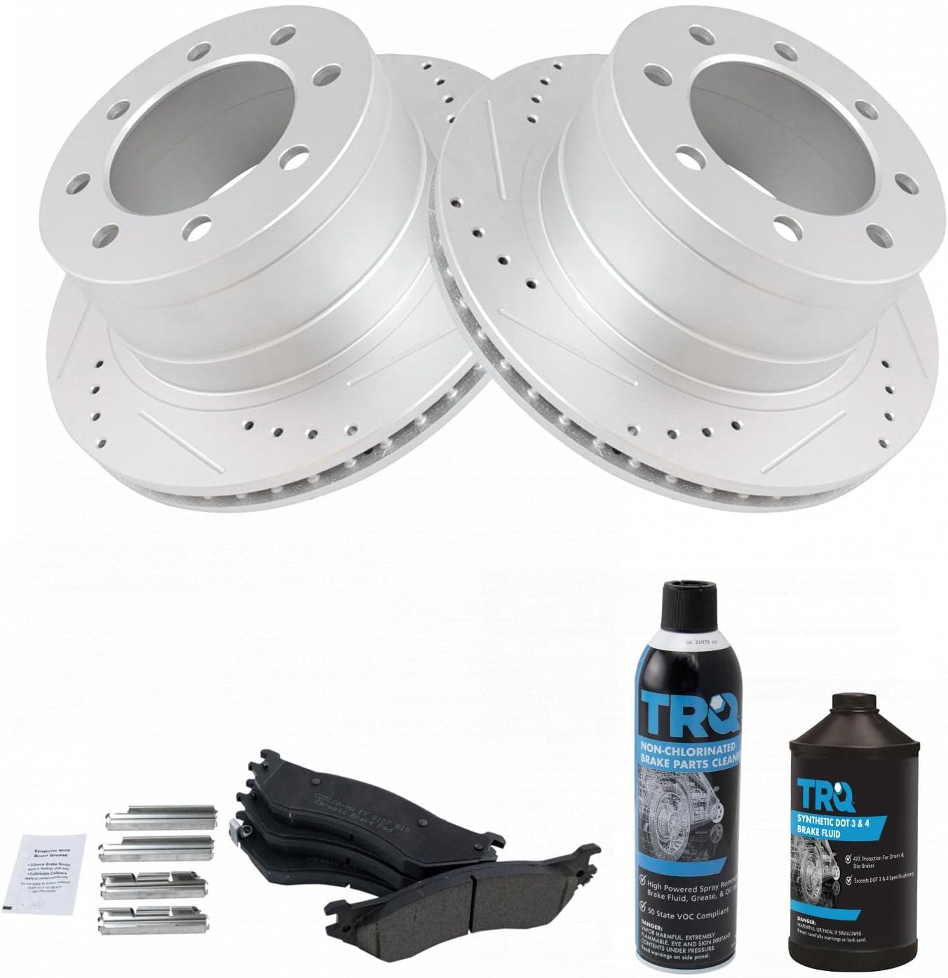 TRQ Rear Performance Brake Pad & Rotor Kit Brake Chemical Kit Brake Pads Brake Rotors Set Ceramic Premium G-Coated Compatible with 2006-2008 Dodge Ram 1500 2003-2008 Ram 2500 Ram 3500