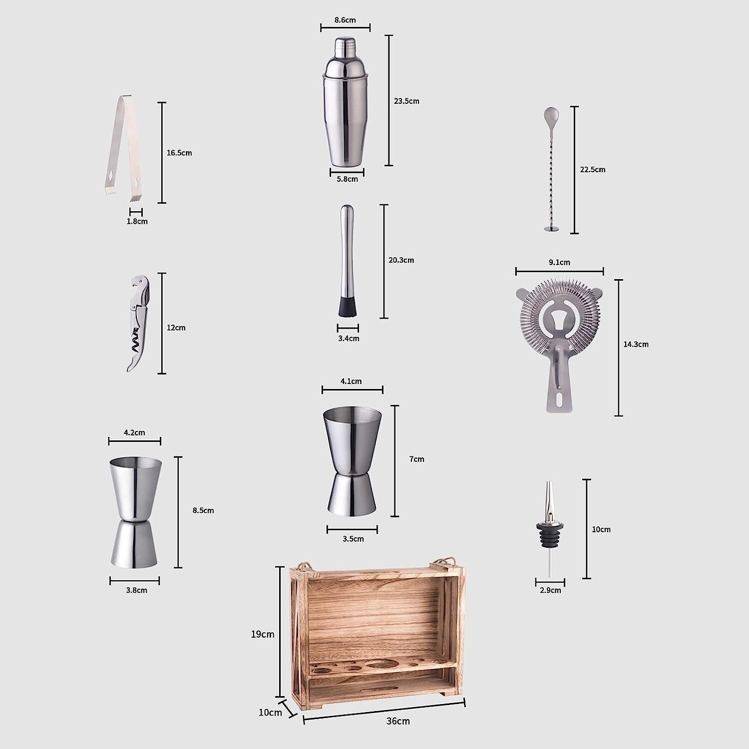 Juego de barra Juego de coctelera Kit de cóctel Coctelera de 11 piezas Kit de barman Cafetera de acero inoxidable con soporte de madera Juego de cócteles Kit de barman Juego de herramientas de bar (