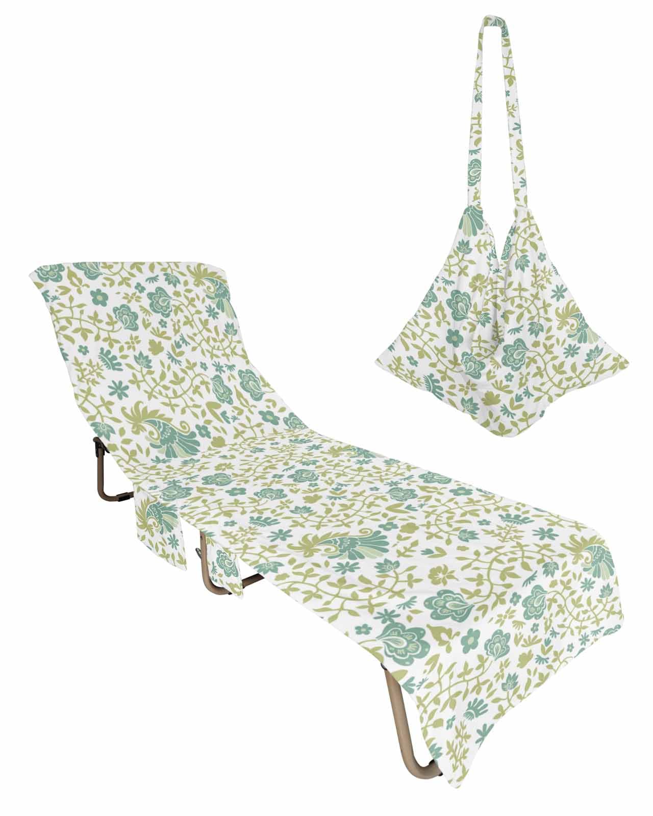 Teal Botanical Beach Lounge Chair Towel Cover, Soft Chaise Lounge Towel with Side Pockets Patio Pool Chairs Cover for Beach/Pool Sunbathing 29x85 Modern Abstract Art Spring Floral
