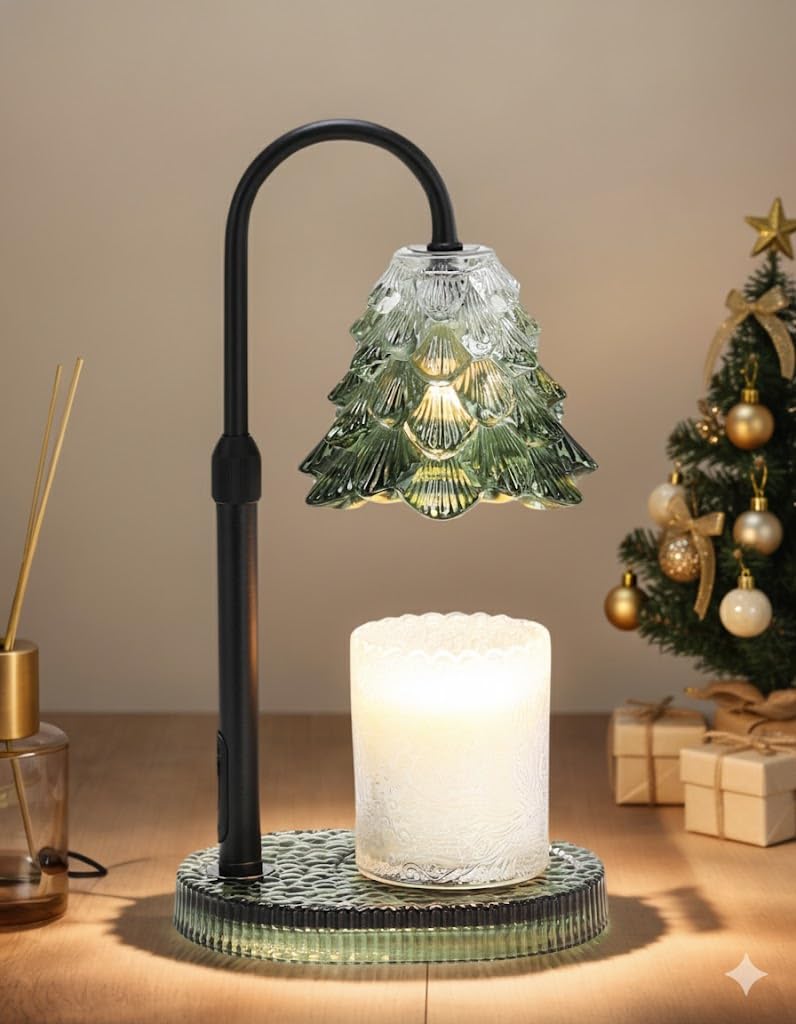 NeatGlow Candle Warmer Lamp with Timer & Dimmer, Crown Glass Lamp Candle Warmer for Jar Candles, 2 Bulbs, Height Adjustable Electric Wax Warmer for Elegant Home Decor (Evergreen Glow)