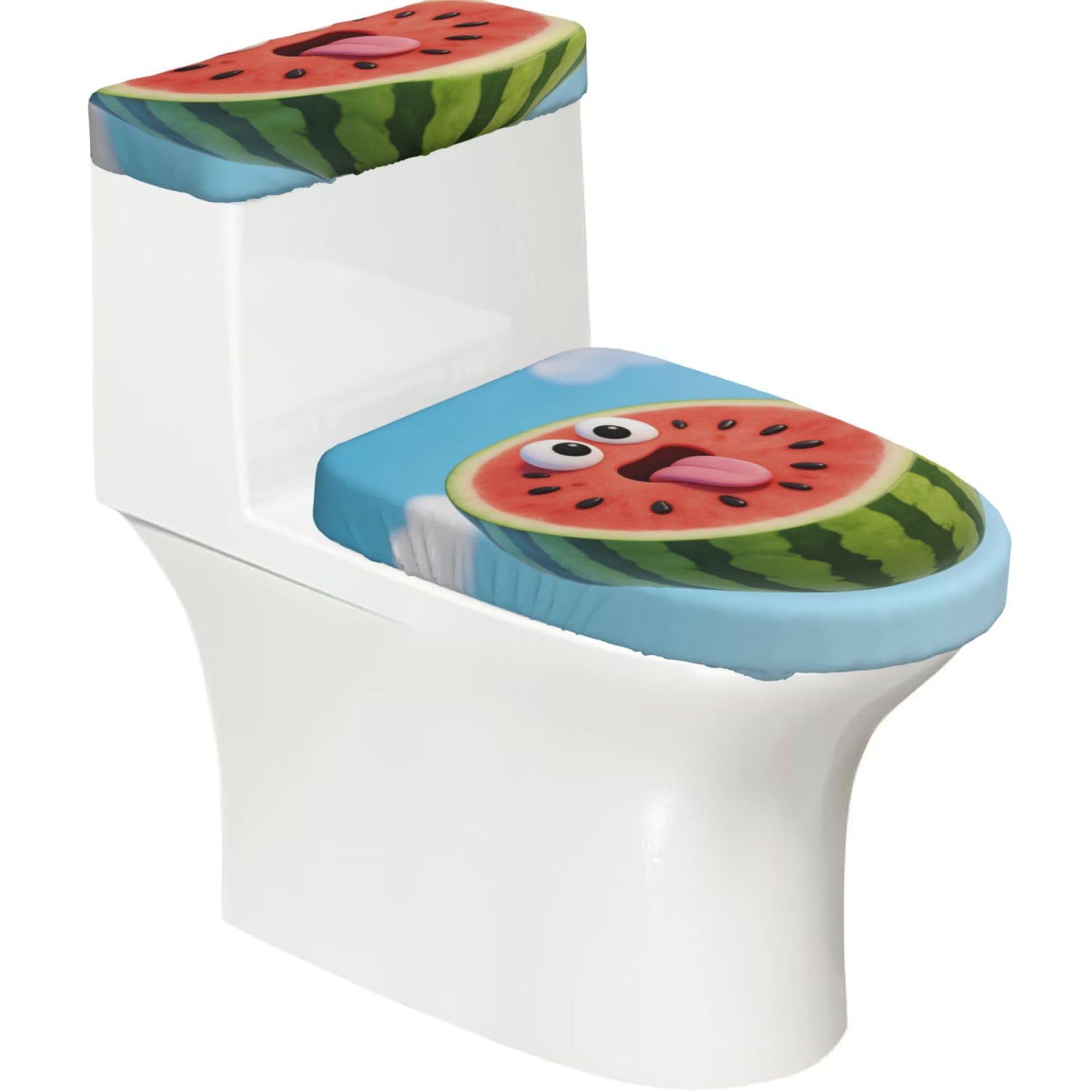 Watermelon Tongue Out Elastic Toilet Cover Set of 2-Stretchy Lid and Tank Covers for Bathroom, Soft Washable U Shape Toilet Decor