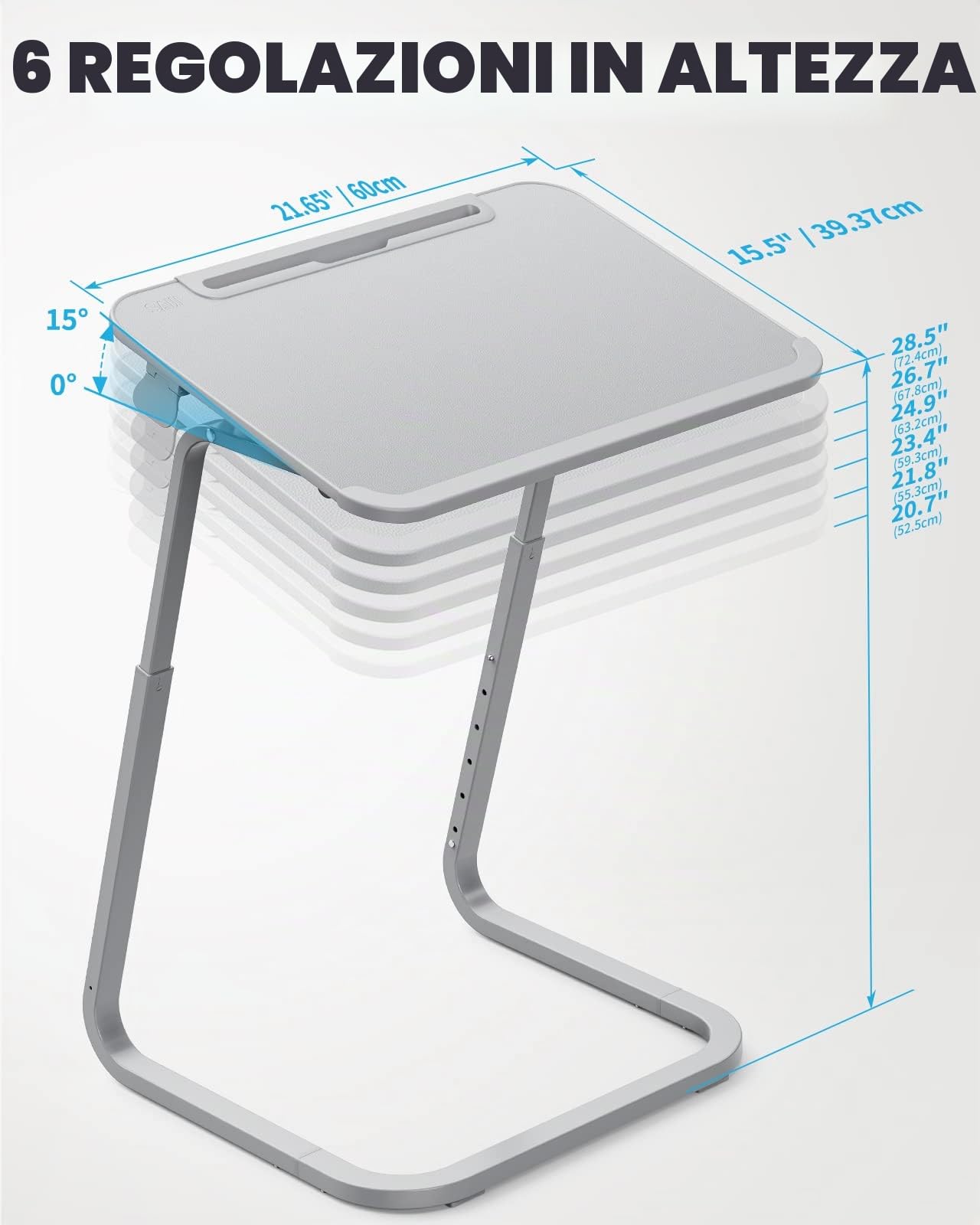 SAIJI Tavolino Laterale da Divano, Tavolo da Caffè, Gambe a U più stabili, angolo regolabile in altezza, slot per tablet, portabicchieri, 55 * 39 cm