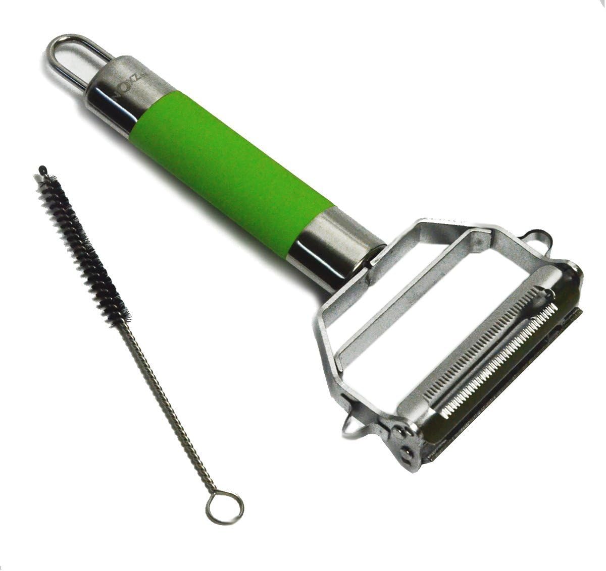 Julienne Peeler - Ultra Sharp Stainless Steal Dual Blade Rubber Grip Kitchen Peeler with Cleaning Brush - Green
