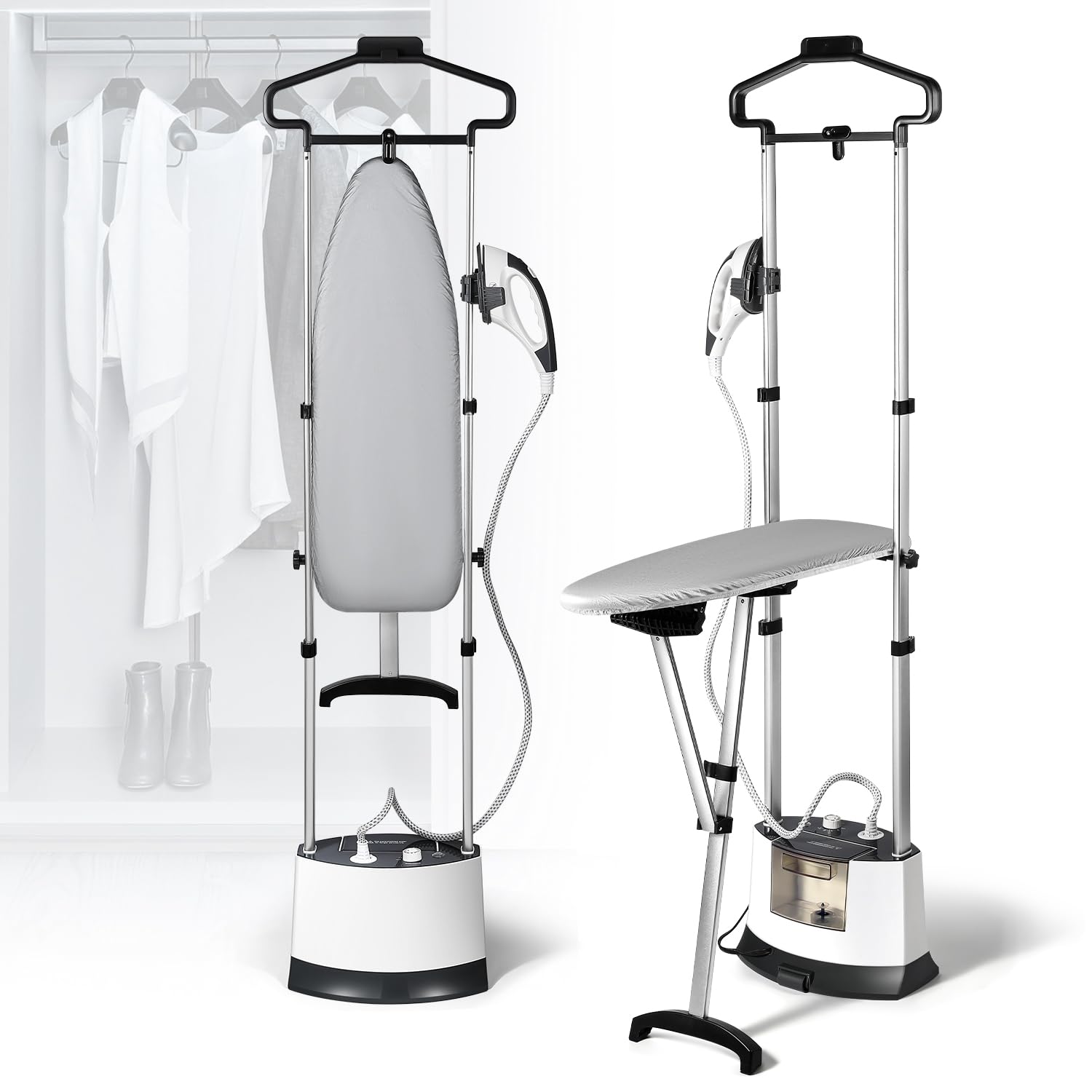 Standing Garment Steamer, 1500W Upgraded Steamer for Clothes Rapid Heats in 25s for 1 Hour Steam, 1.6L Water Tank, Self-Cleaning, Dual-Protection Tech, Ironing Board, Hanger, Gloves