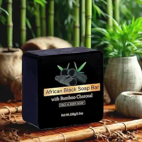 Sabonete preto africano de carvão de bambu com óleo de coco, barra de sabão natural para limpeza profunda e nutrição da pele, contra manchas escuras, pele oleosa, combate a acne e sinais de