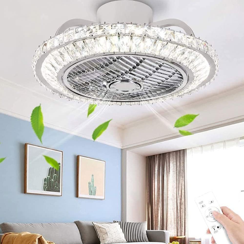 CXGD SIGN 19.7" Ceiling Fan With Lights Remote Control Silver Crystal Shade Fandalier Dimmable Ceiling Fan Light Enclosed Ceiling Fan Chandelier 3-Speed Quiet Motor