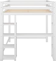 Vista 7 de Merax Cama tipo loft matrimonial, cama tipo loft con escritorio y estantes, cama tipo loft tamaño matrimonial, marco de cama tipo loft de madera