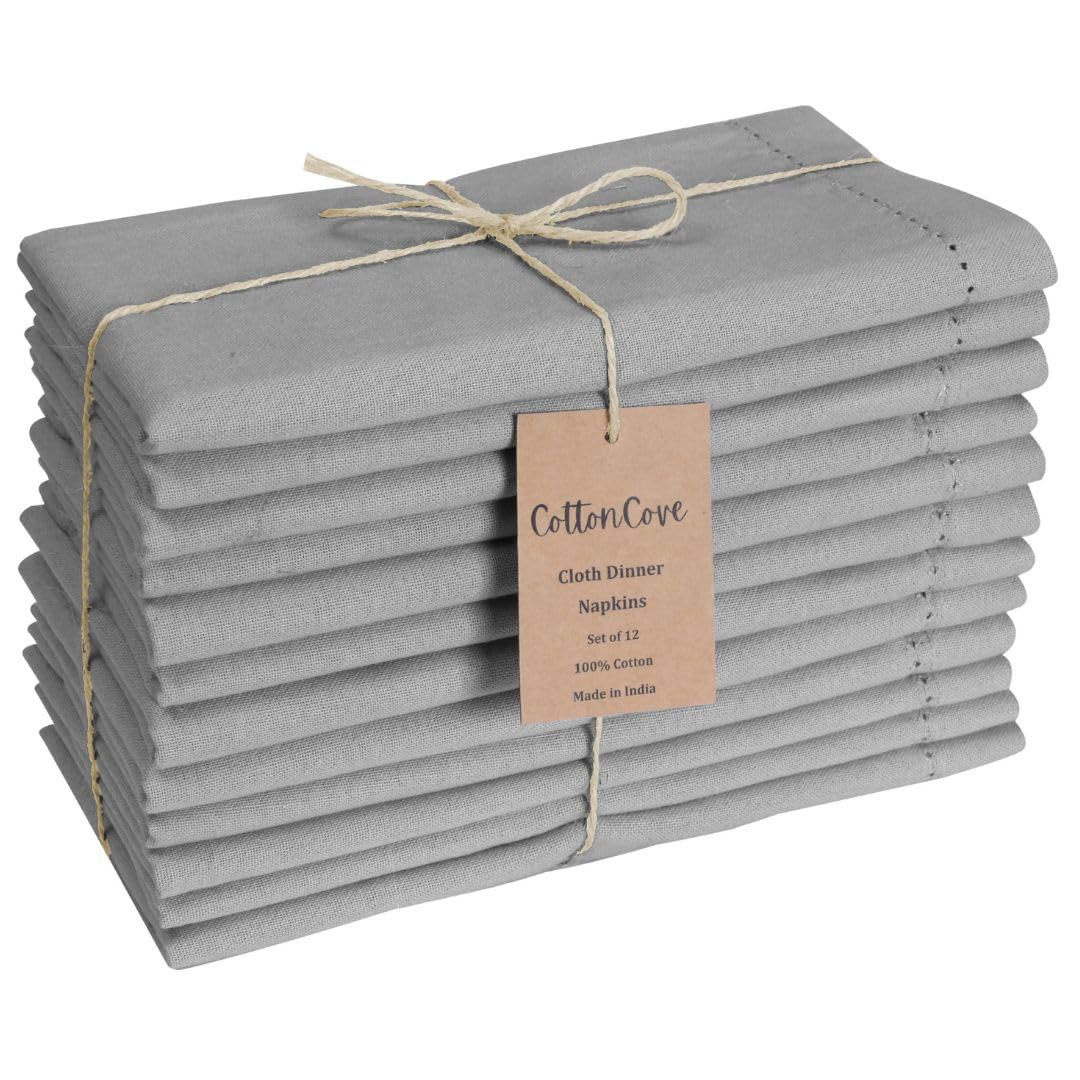 CottonCove Hemstitch Cloth Dinner Napkins Cotton 12 Pack - Soft Durable Washable - Ideal for Farmhouse Parties Wedding Christmas Easter - Perfect Everyday Use Table Cloth Napkins 46x46 cm Silver Grey