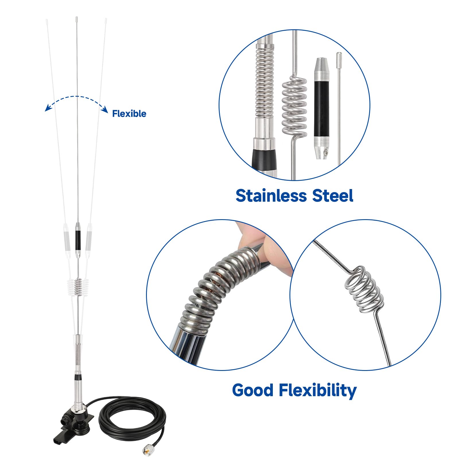 Eightwood Antenne VHF/UHF 144/430 MHz INOX 75 cm connecteur PL259 câble 5m | Antenne radio mobile double bande, compatible BTECH ICOM Yaesu Midland TYT Cobra et autres radios VHF UHF