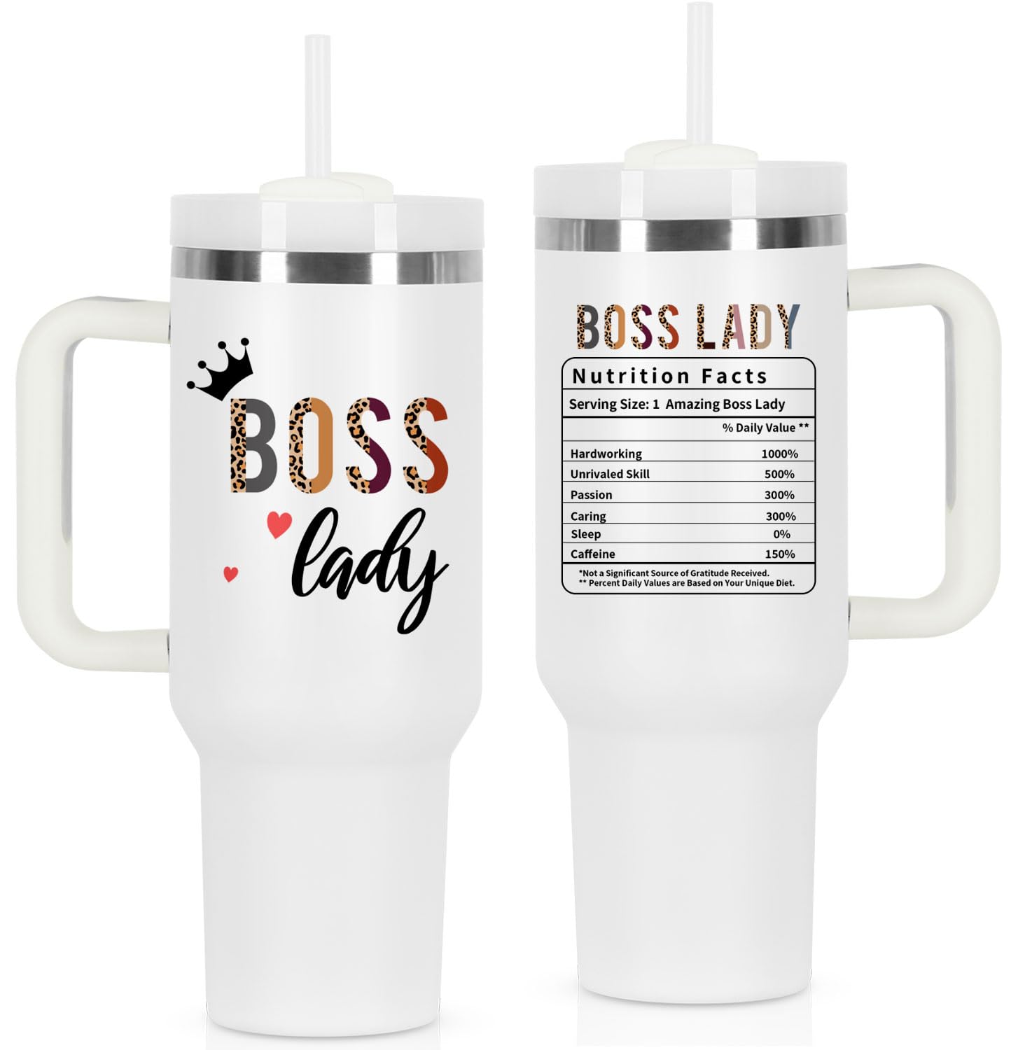 Boss Day Gift for Boss Lady, 40 oz Tumbler With Handle - Nutrition Fact Gift for Manager, Coworker, Employer, White