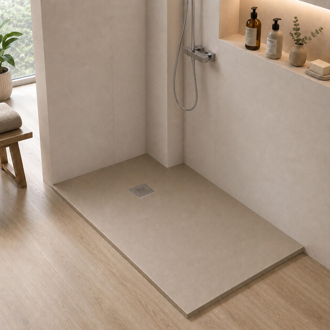 Piatto doccia marmoresina con effetto pietra serie Karen, in diverse dimensioni e colori, spessore ultraslim 3 cm, riducibile su misura, COMPLETO di kit scarico (70x90, Beige)