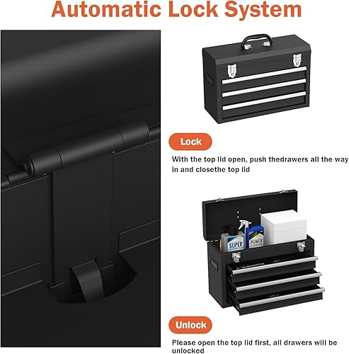 Miniatura 4 de Caja de herramientas de metal portátil, caja de herramientas de acero con 3 cajones con bandeja de almacenamiento superior y asa de transporte,
