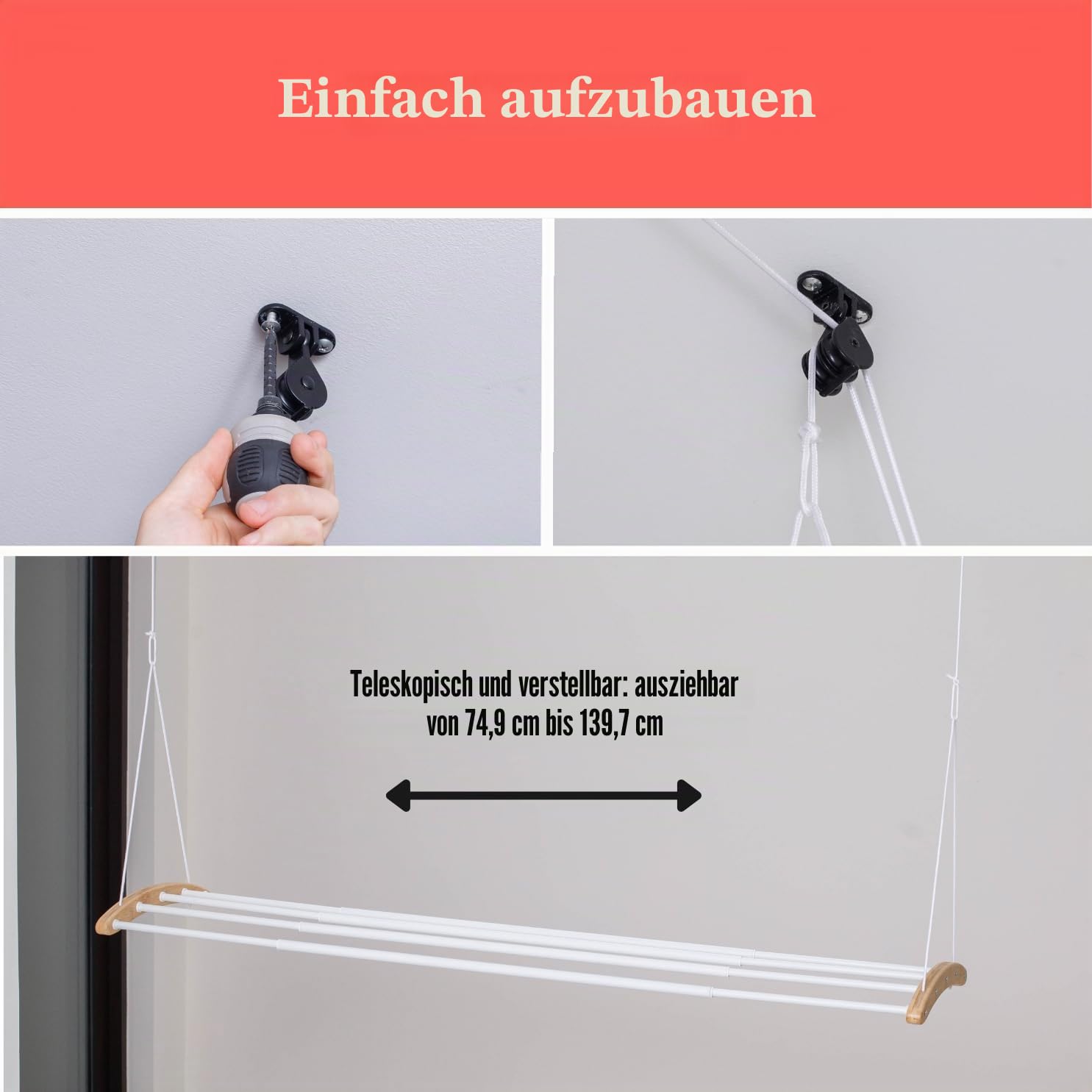 Home in Bold Deckenmontierter Wäscheständer für Wäsche, Platzsparend, Metall, Spannungsmontage, 21'' - 32''