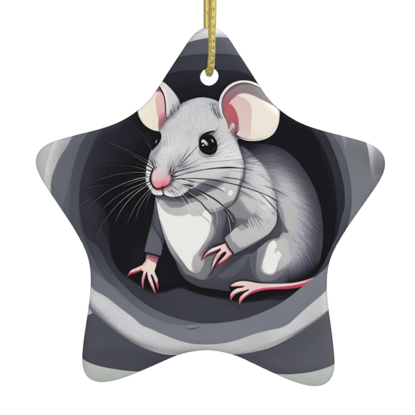 Mouse in The Hole Christmas Ceramic Star Pendant with Punched Holes and Gold Wire Rope, Christmas Tree Home Decoration