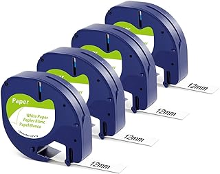 4-Pack Comaptible Dymo Letratag Label Maker Refill 91330 Paper White 12mm x 4m for Dymo LetraTag LT-100T 200B QX50, Replace for Dymo Letratag White Paper Label 10697 Black on White