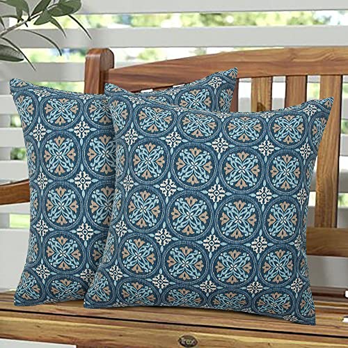 Magpie Fabrcis Pack of 2 Outdoor Waterproof Throw Pillow with Insert 18 x 18 Inch, Christmas Decorative Back Cushion Pad for Garden Patio Tent Balcony Couch Sofa(Morgan Medal Blue)