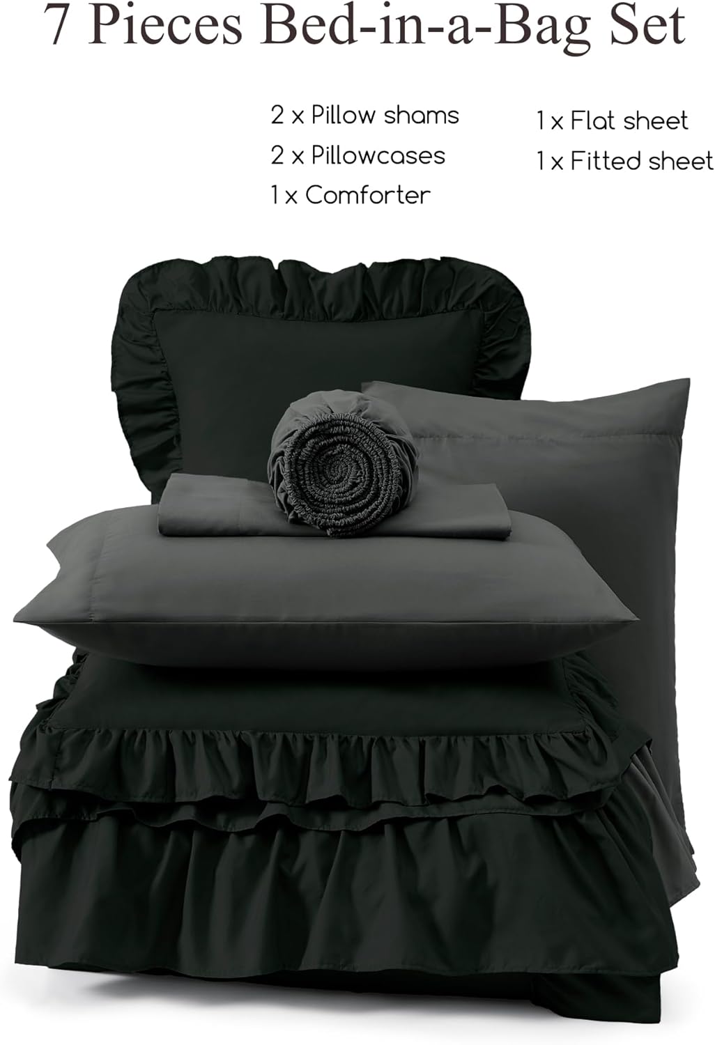 AMBERSPACE Full Comforter Set Black, Ruffle Shabby Chic Bedding Set Farmhouse 7 Pieces, All Season Fluffy Bed in a Bag with Sheets, Pillowcases & Shams