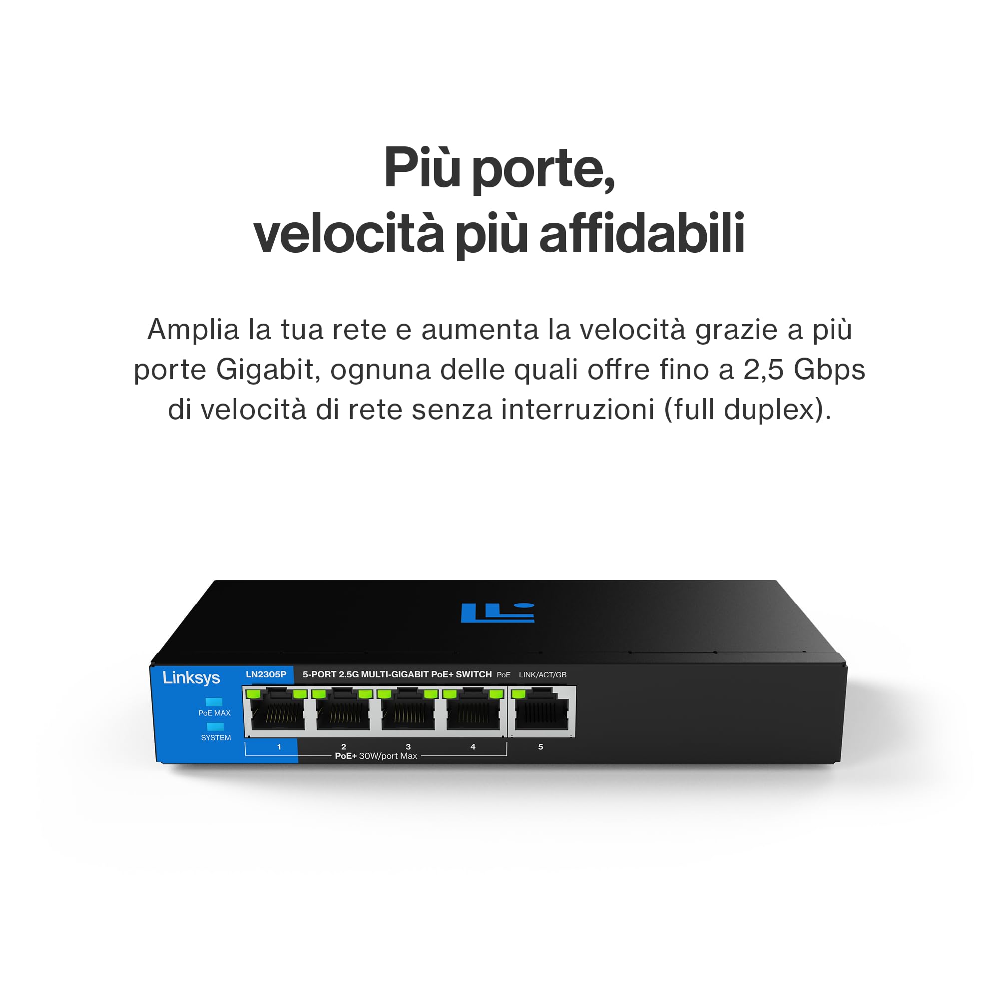 Linksys Switch PoE++ non gestito multi-gig, 2,5G, 8 porte | Ethernet, efficienza energetica | Controllo di flusso full-duplex | Per access point e videocamere IP WiFi 6/6E/7 | In metallo | PoE 180 W