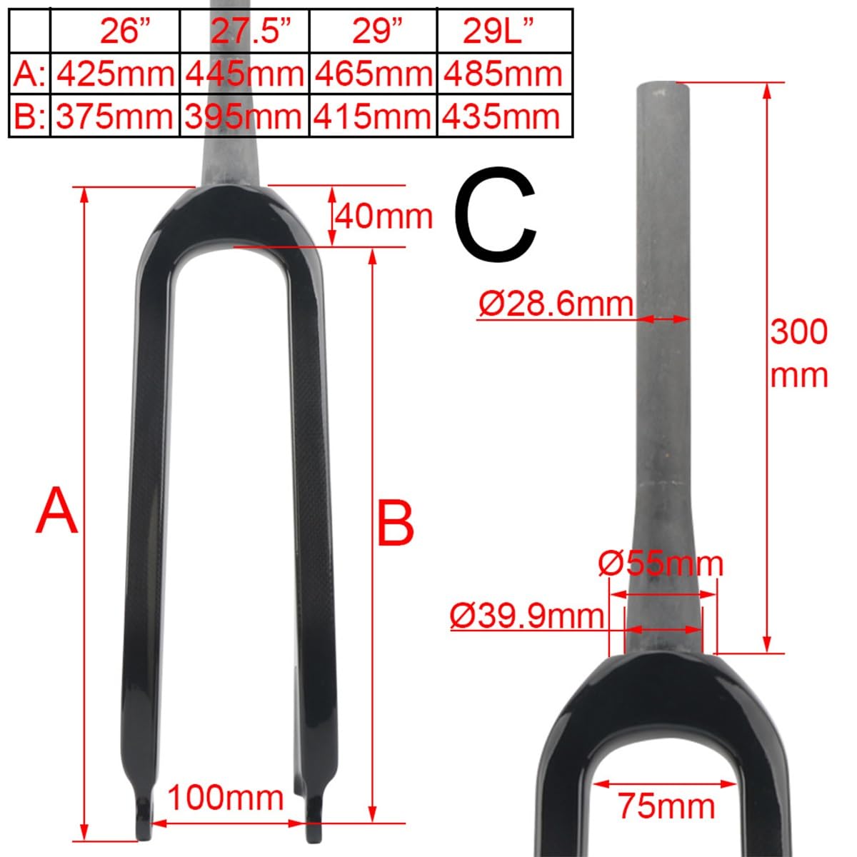 Mountain Bike Forcella Rigida 26in 27.5in 29in 29L 28.6 1-1/8'' Tubo Dritto 1-1/2'' Bici conica Forcella Anteriore in Fibra di Carbonio Rigida Freno a Disco QR (Nero Lucido, CONICA