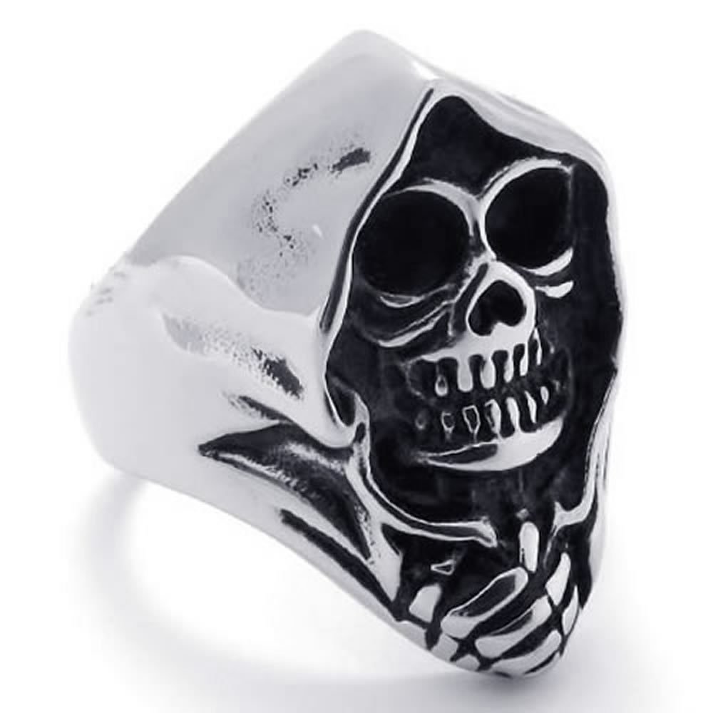 Vintage Stainless Steel Gothic Skull Biker Mens Ring, Black