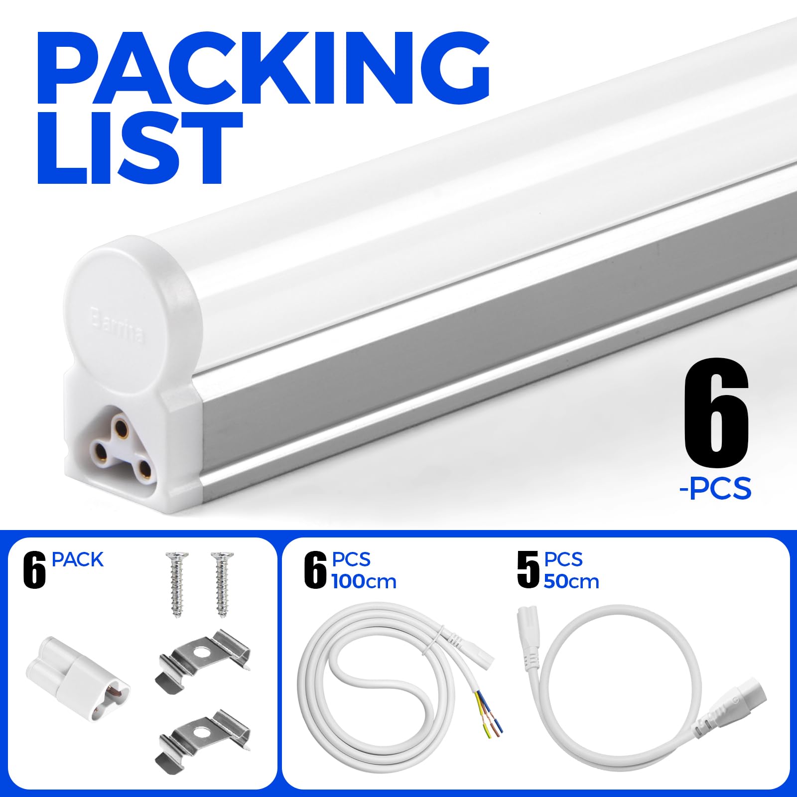 Barrina T5 LED Leuchte 117cm, 20W 2200lm 6500K Superhelle Weiße Kellerlampe LED Röhrenlampe für Küche Wohnzimmer Schlafzimmer Esszimmer Balkon Flur Garage Keller, Anschließbar, Fest Verdrahtet, 6er