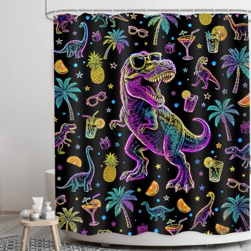 Image of Neon Dinosaur Shower Curtain Bathroom Set 60Wx71H Inches Cool Kids Boys Cartoon Summer Hawaii Funny Dino Colorful Plam Tree Bath Accessories Interesting Art Home Decor Fabric 12 Pack Hooks