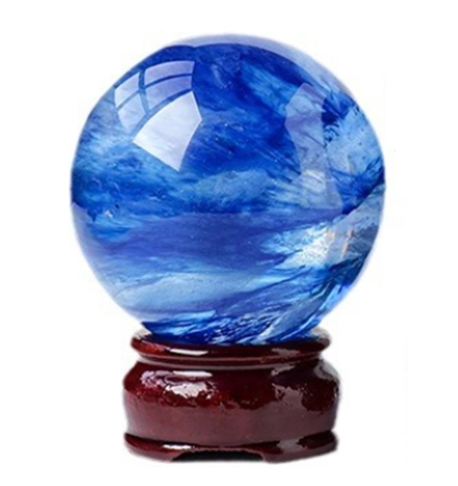 AUOQKQUT Crystal Ball Blue Smelting Quartz Gemston Sphere with Stand Crystals Stone Polished Divination for Balancing,80mm