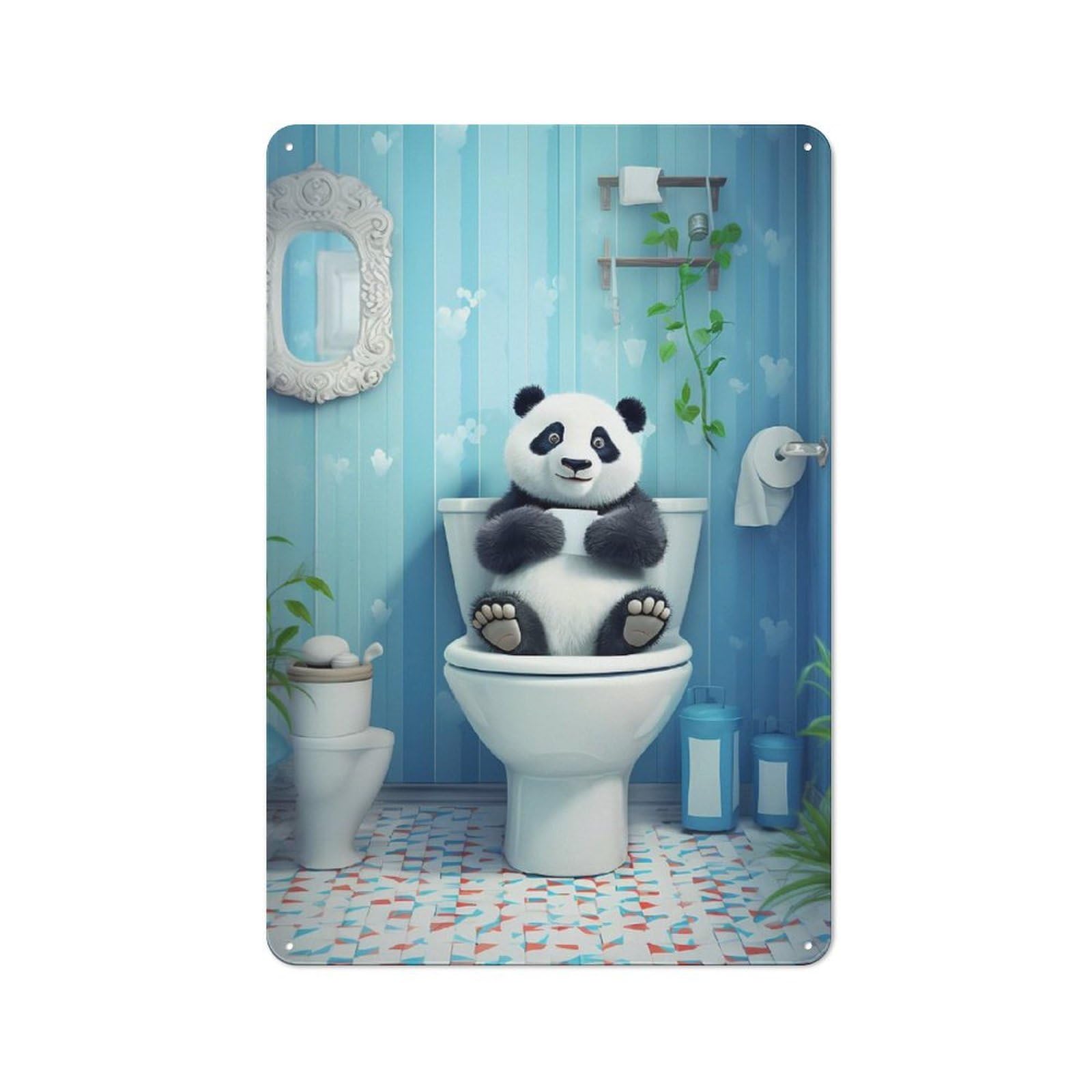 Junmoney Cute Panda Toilet Retro Decorative Tin Plaque 30X20cm Featuring Novelty Wall Art For Bedroom, Kitchen, Office Or Living Room
