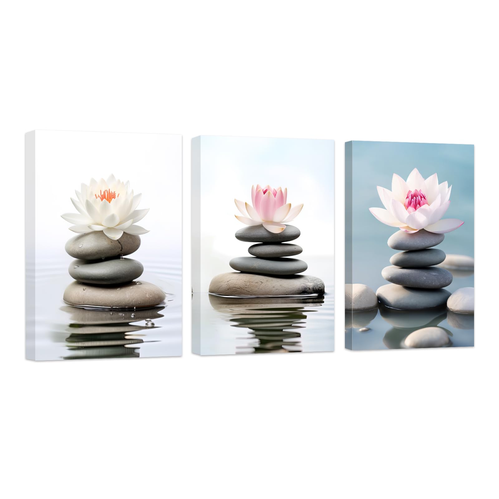 ZXHYWYM Zen Wall Art 3 Piece Lotus Flower Picture Spa Stones Wall Decor Zen Water Painting Canvas for Bathroom Meditation Yoga Room Office Framed (B, (60x90cmx3)) โ image 1
