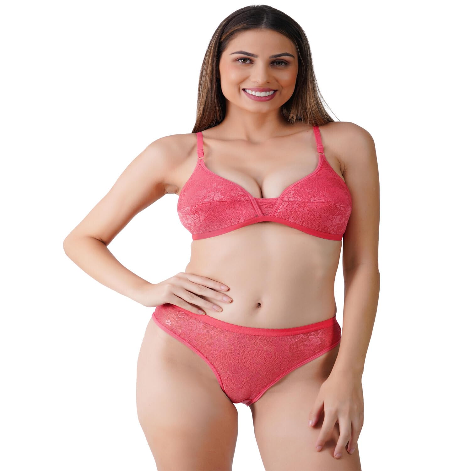 Women's Premium Lingerie Set | Non-Padded Wireless Bra & Panty Set | Soft Breathable Comfortable Innerwear Combo | Everyday Lace Bra Panty Set for Women | Pink-image-7