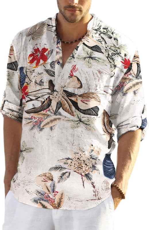 Image of Men's Cotton Blend Full Sleeve Printed Short Kurta with Mandarin Collar Crafted from a Premium Cotton Blend