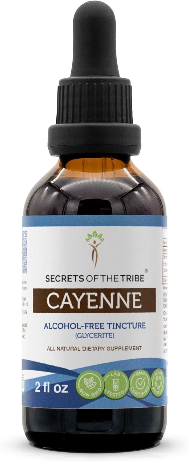 Secrets of the Tribe Cayenne Tincture Alcohol-Free Extract, High-Potency Herbal Drops, Tincture Made from Cayenne Capsicum annuum Invigorating Effect 2 oz